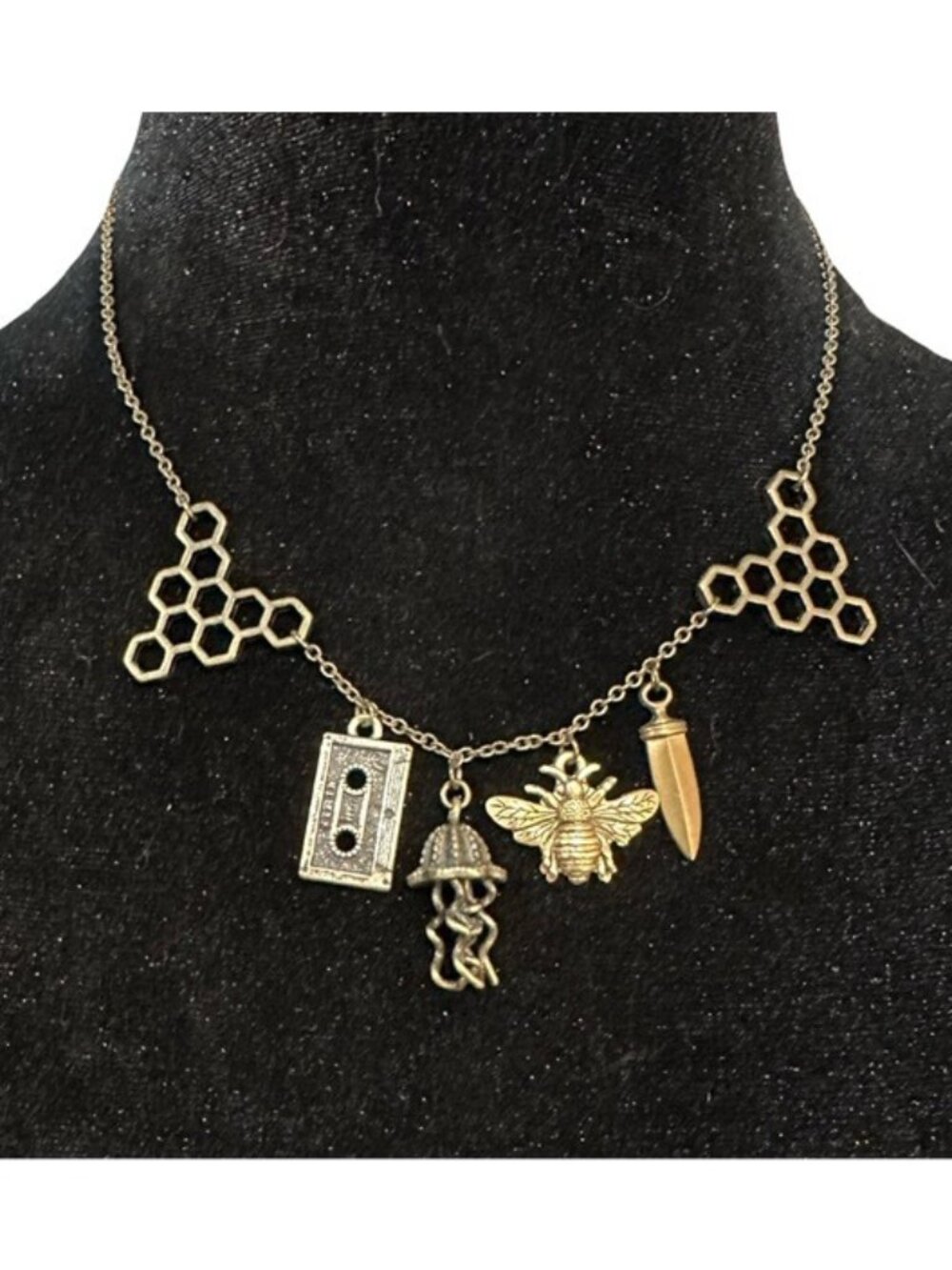 Honeycomb Charm Necklace With Bee Jellyfish Cassette & Dagger Accents Adjustable